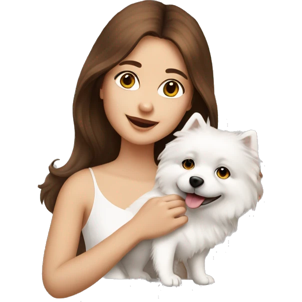 beautiful girl with brown hair with her cream-white spitz dog emoji