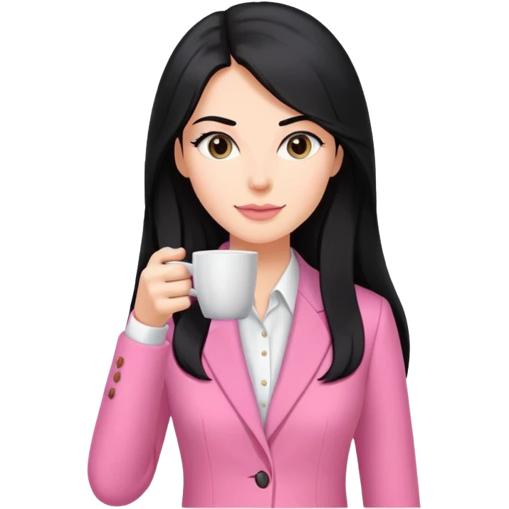 business dressing pink clothes woman  caucasian with a long black hair drinking coffee emoji