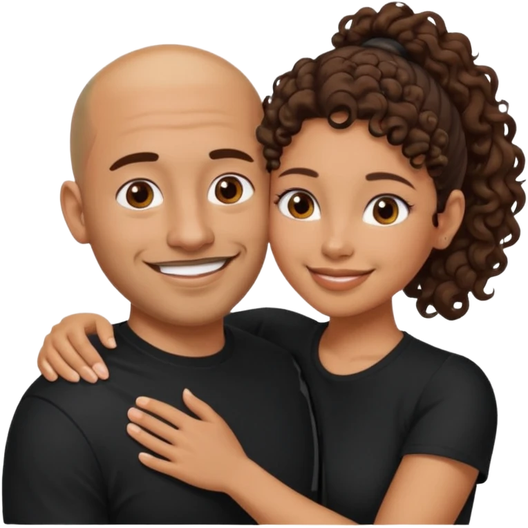 A picture of a tanned couple embracing. the man is a Mexican man with tanned skin, a bald hair cut, short beard and wearing a black shirt. the woman is mixed, with curly brown hair in a pony tail and with big boobs  emoji