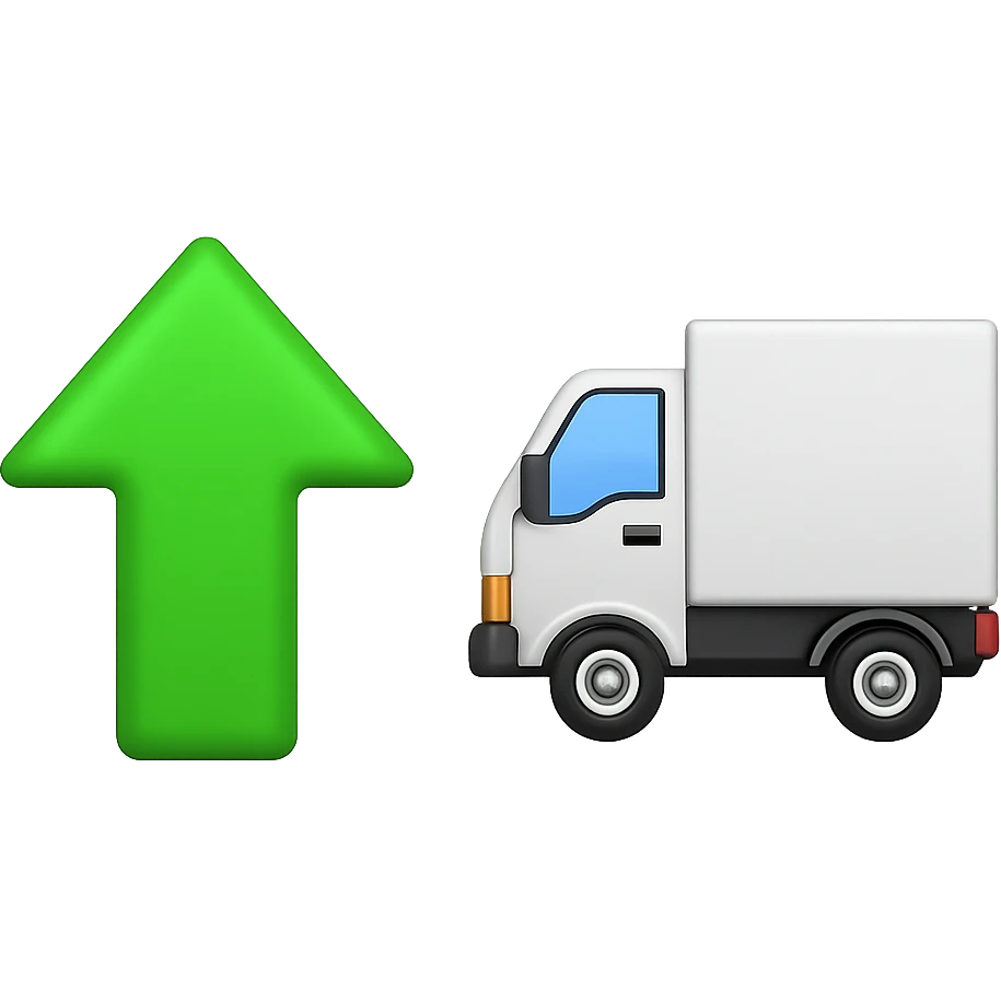 Create an Apple-style emoji set featuring a single green upward arrow on the left and a delivery truck on the right. Both elements should be clearly separated. The background must be fully transparent with no color or pattern, mimicking real Apple emojis. emoji