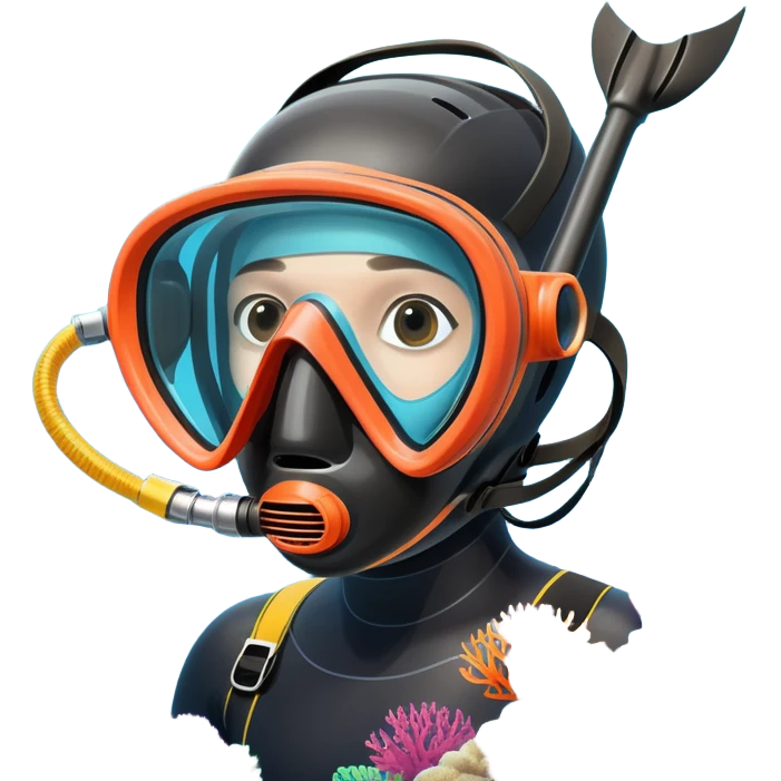 An icon featuring a close-up of a freediving mask and snorkel, with a breath-holding diver's fins, set against a vibrant underwater world. The design includes coral reefs, fish, and bubbles, symbolizing the serene beauty and thrill of freediving. Transparent background highlights the calm emoji