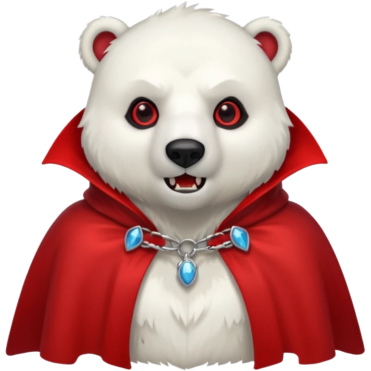 Vampire animal, polar bear in red collar cloak, red eye, fangs emoji