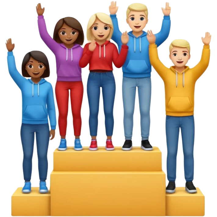 winners’ podium with multi-racial people, middle step higher, no numbers, fun colorful clothes like jeans t-shirts and hoodies, excited fun expressive emoji style emoji