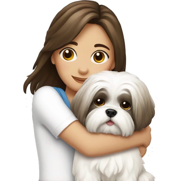 Brunette girl hugging her white Shih tzu emoji