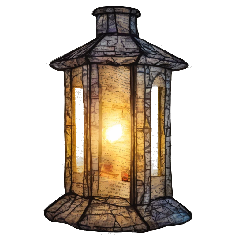 Glowing lantern Shakespeare made of newspaper and bokeh fairy lights, stained glass, fairy lights, bokeh, annotated sketch, handwritten letters, collage of intricate patterns, lantern, bokeh emoji