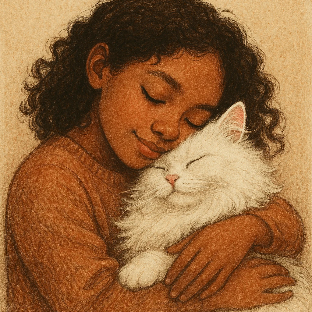 brown girl snuggling fluffy white cat, style 6 emoji