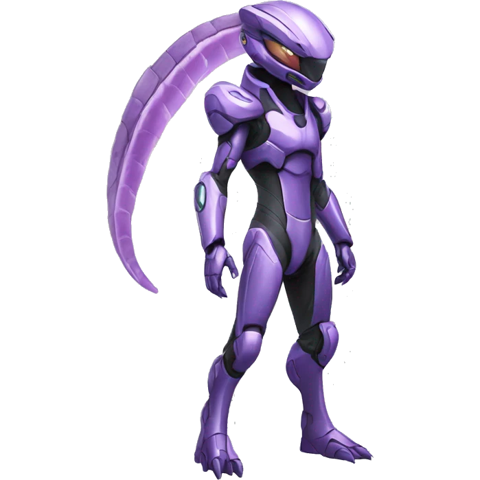 A Reptile-Raptor-Genesect-Mewtwo-Fakémon, with a futuristic visor-helmet, wearing a techwear-suit Full Body emoji