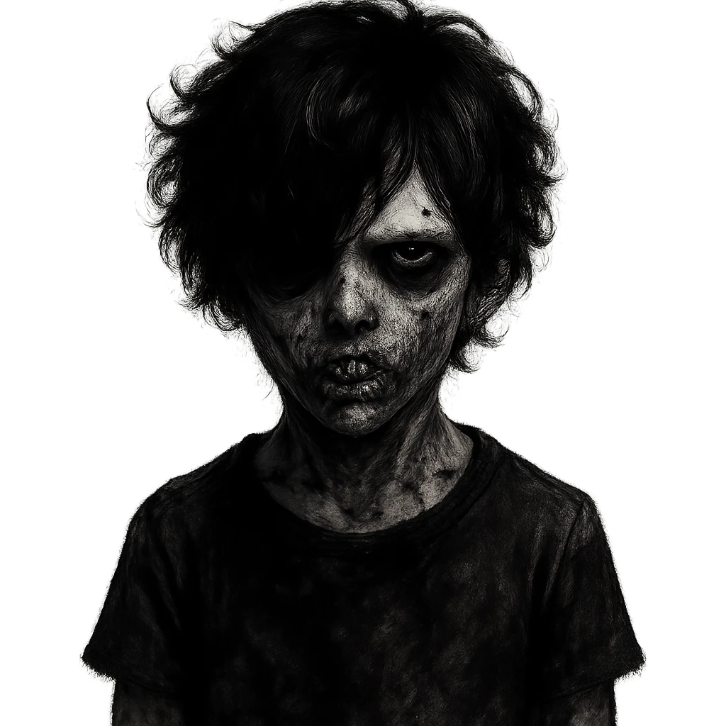creepy zombie boy, black shaggy curly hair, emo style, dark and spooky expression emoji