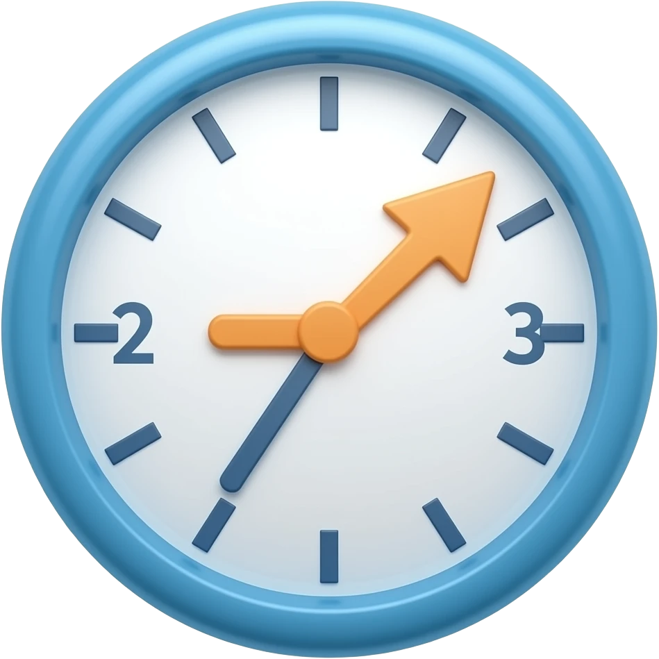 Minimalist flat design icon of a clock transforming into a forward arrow, clean and modern, soft gradient (blue to light orange), representing the passage of time and the future emoji