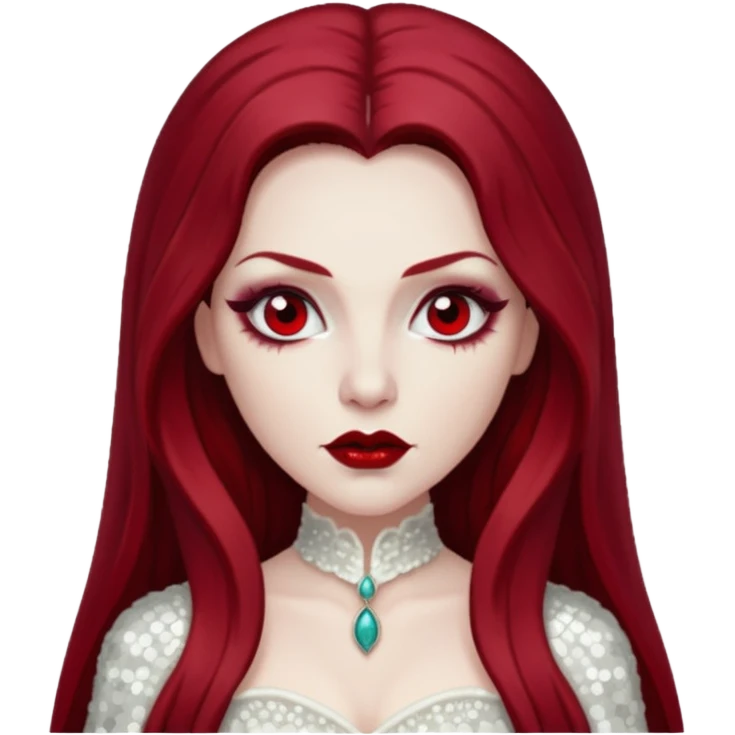 Bride of Dracula with long dark red hair, ivory sequin outfit emoji