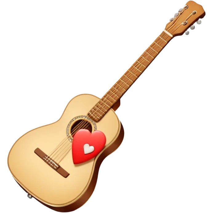 “Flat vector icon of a Cuban tres guitar in three-quarter view, warm brown, thick outline, centered on a warm cream or beige rounded-square (or circle); near the soundboard add a small red or pink heart with a soft glow and 2–3 tiny sparkles to suggest ‘soul’.  emoji