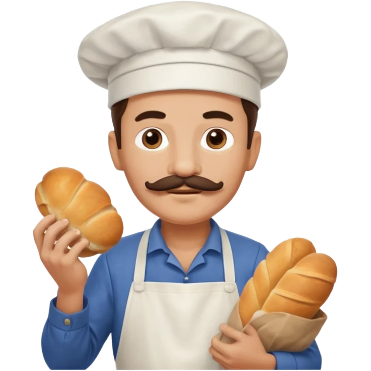 Middle aged male pastry chef - with a mustache, apron, white hat, holding a bag of bread emoji