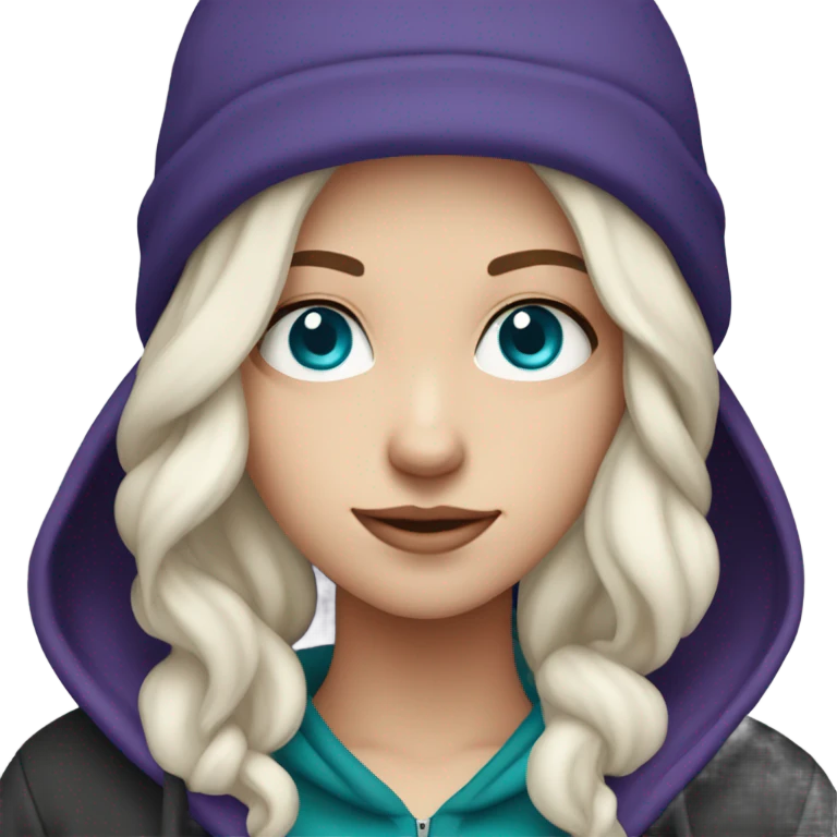 White girl, blue eyes, long teal hair, purple beanie hat, black hoodie emoji
