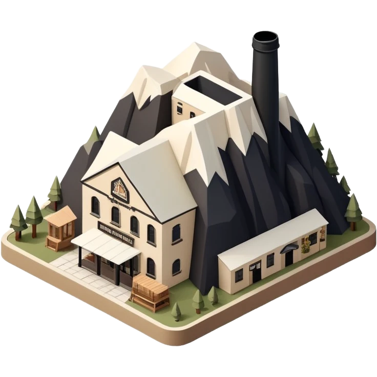 Isometric exterior little black, beige, and white mountain brewery, dollhouse style 3D realistic  emoji