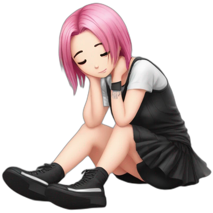 Full body Front view curvy emo girl pink hair sits on the floor straight view hands up black skirt полосатые рваные чулки emoji