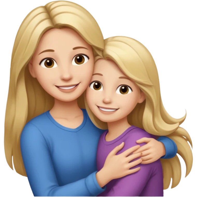 A beautiful mother with long brown hair hugging her cute 12yr old blonde hair daughter super happy emoji