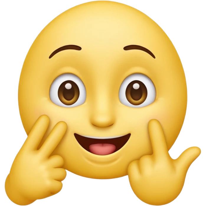 cute, playful emoji character inspired by the 🙃 upside-down face style. Rounded yellow face, big expressive eyes, cheerful smile with mouth slightly open. One hand raised with a finger gently touching the inside of the mouth in a thinking / cheeky gesture (not sexual). emoji