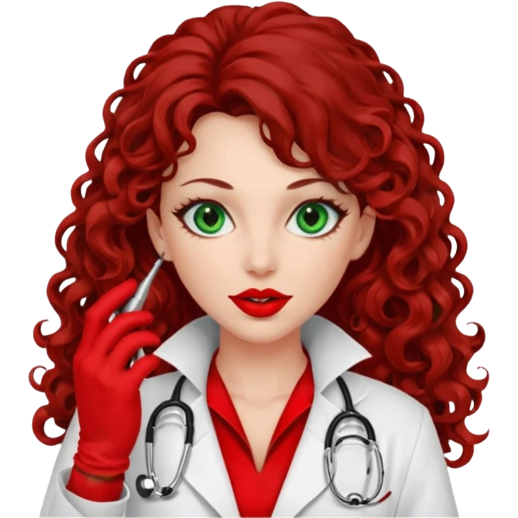 Lilith symbol sexy evil woman. She has green eyes.  had brown long curly hair.  evil surgeon kills with scalpel wears red sexy doctor coat with red mouth cover red gloves. Covers nose, neck  and mouth with red cloth emoji