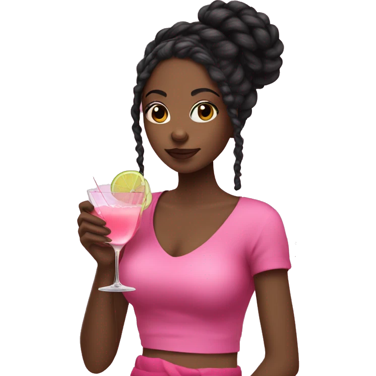 Black girl wearing braids in pink clothes drinking a cocktail emoji