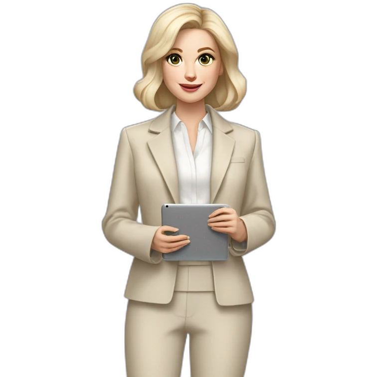 pale skin woman with ash blonde Straightened bob Hair, White Spacious classical jacket, beige palazzo Arrow pants and gray blouse holding a MacBook in the hands emoji