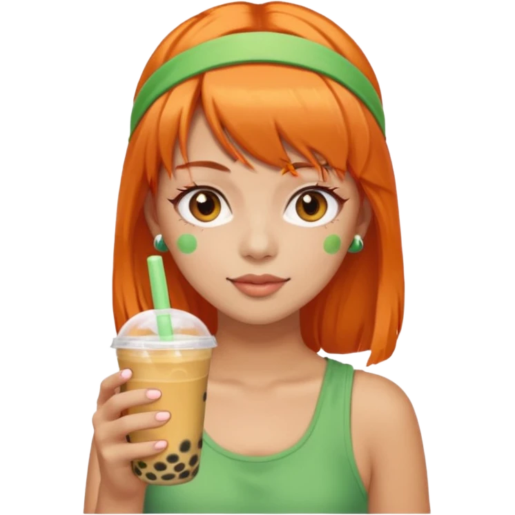Create an emoji of a woman with orange hair, bangs, and a green headband, holding a cup of bubble tea. emoji
