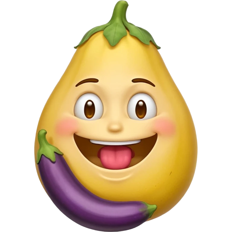 An ashamed, smiling yellow face emoji with a huge eggplant in his mouth. emoji