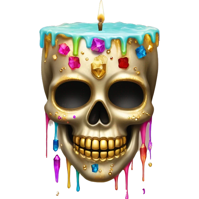 Realistic sugar skull decorated with colorful rhinestones with metallic gold candle on top of its head dripping down melted metallic gold wax down the skull emoji