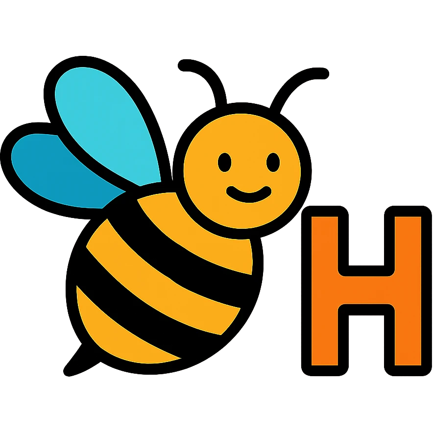 cartoonish honey bee with the letter H, colorful wings, bright and cheerful emoji