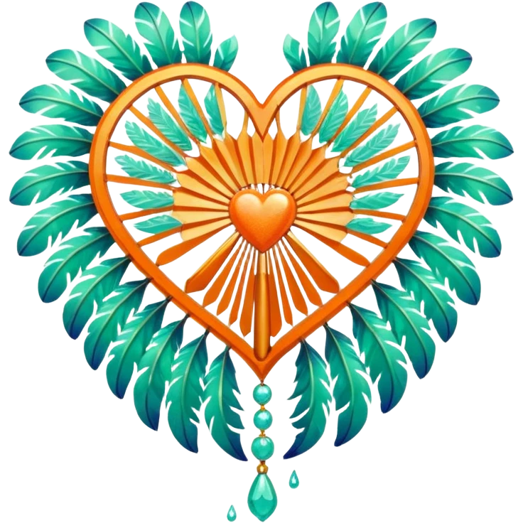 orange glittery heart, shattered in pieces  with mint green water dripping down and art deco feathered fans on the edges  emoji