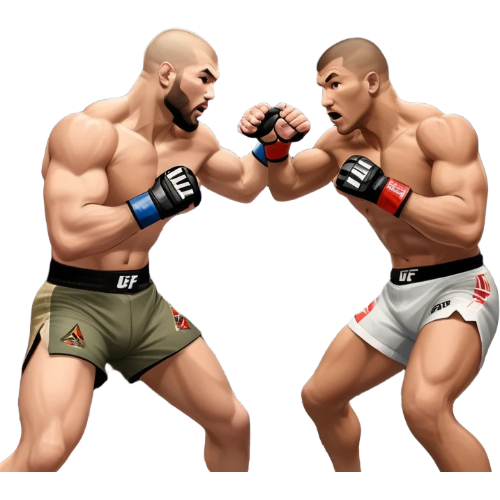 Two MMA fighters in the octagon, one delivering a strong punch while the other defends with a guard. The background shows the UFC octagon with the crowd in the distance. Transparent background emphasizes the dynamic intensity and skill of mixed martial arts. emoji