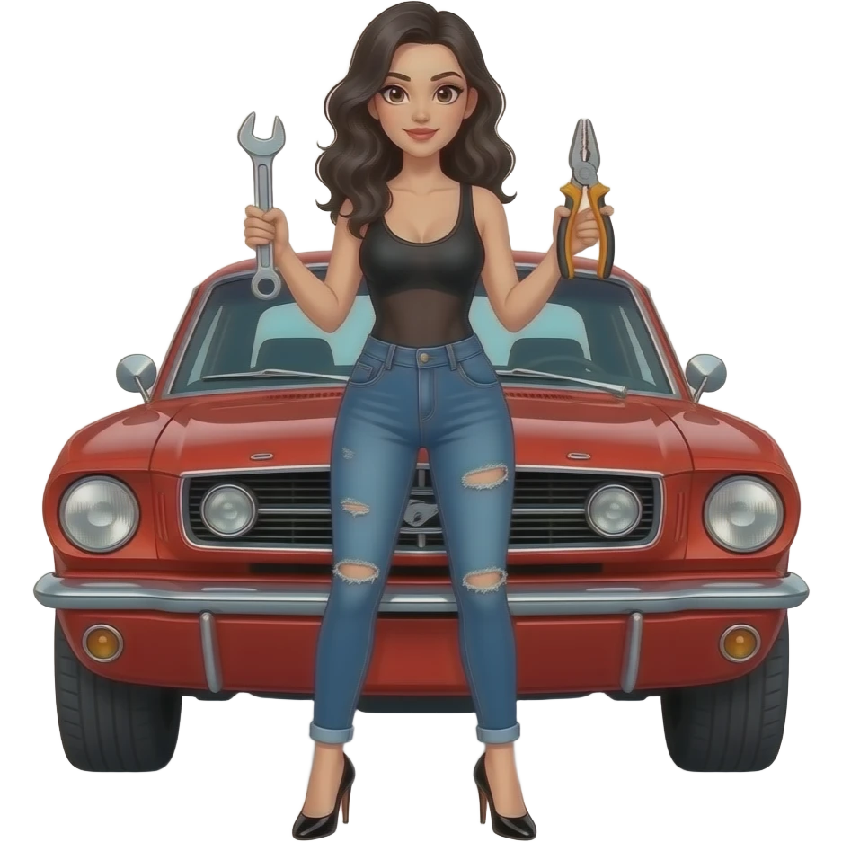 Pale girl with wavy jet black hair and brown eyes in front of a red ford mustang 1968 coupe. Girl wearing a sheer black sleeveless top, low rounded neckline, jeans and heels with visible toes. Girl holding an adjustable wrench in his right hand and a pair of multi-grip pliers in his left hand. emoji
