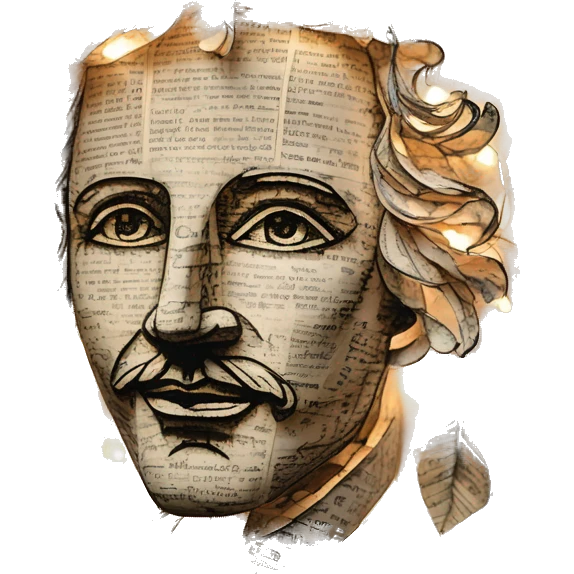 Glowing Shakespeare made of newspaper and 420 hemp leaves and bokeh fairy lights lanterns stained glass, bokeh, annotated sketch, handwritten letters, collage of intricate patterns, lantern emoji