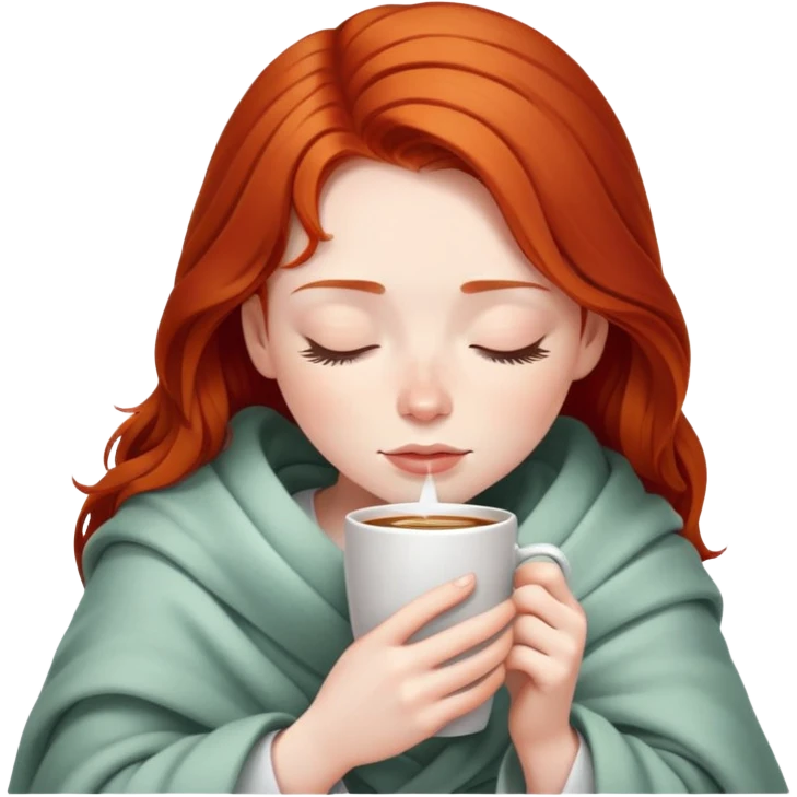 girl redhead inside a blanket sipping coffee eyes closed emoji