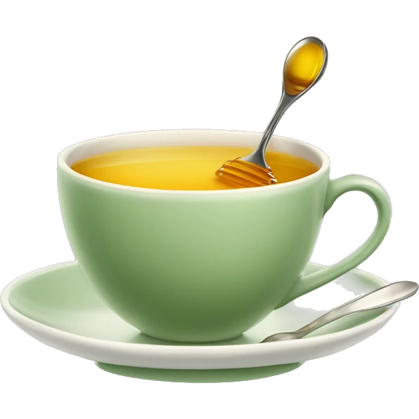 Sage green tea cup with spoon on plate with honey emoji