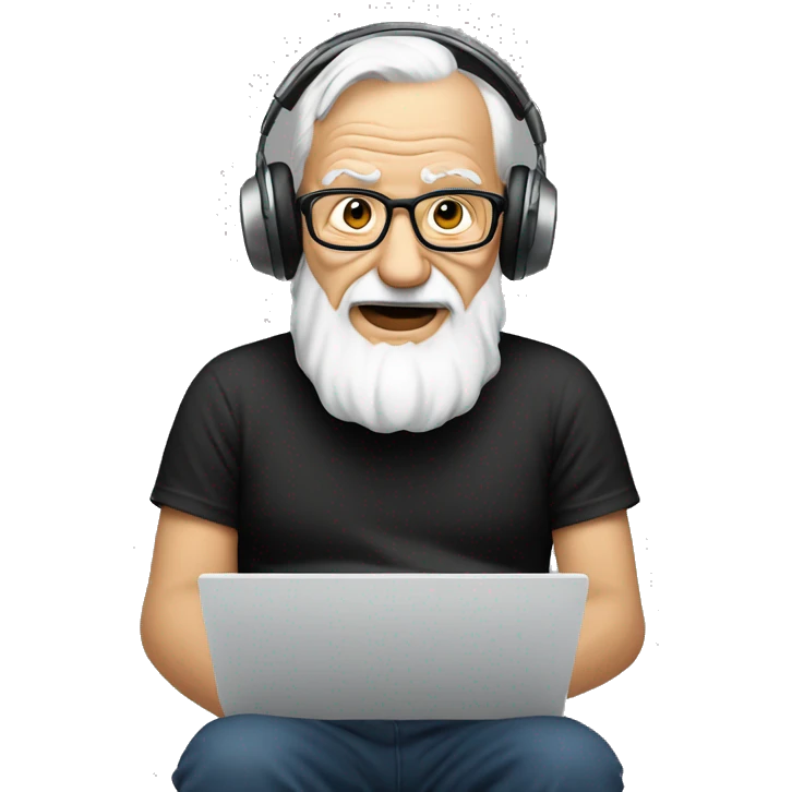 old man playing on PC with heaset  black t-shirt emoji