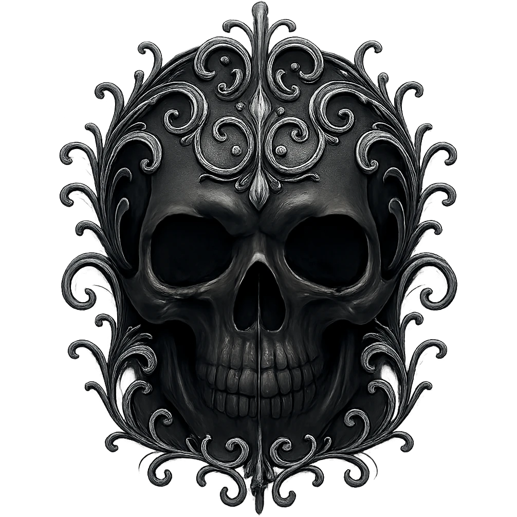 a gothic skull with silver filigree, moody and elegant, dark gothic style emoji