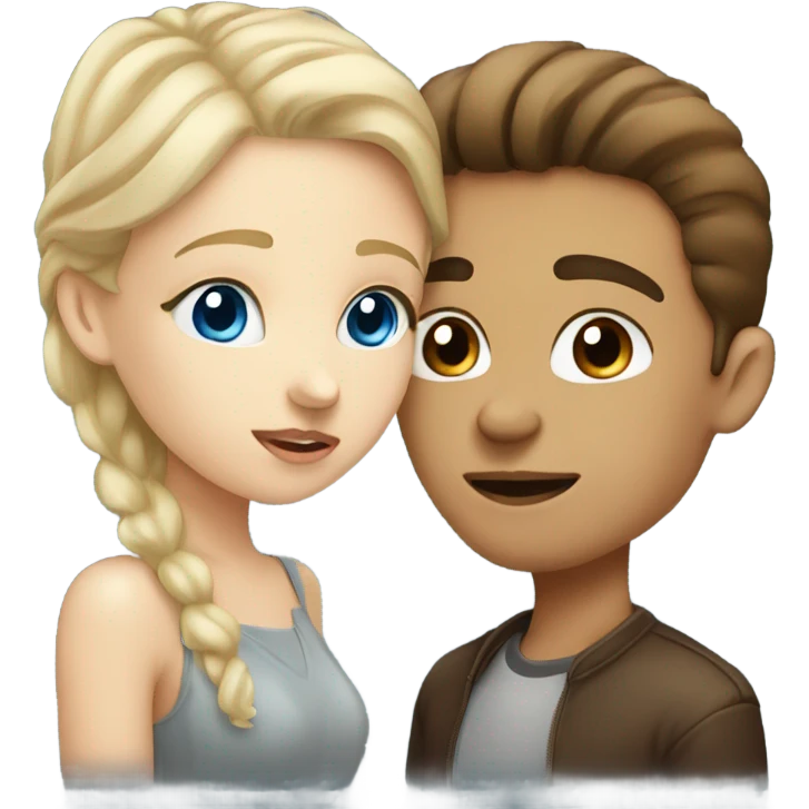 Blonde girl with blue eyes kissing a brunette boy with brown eyes emoji