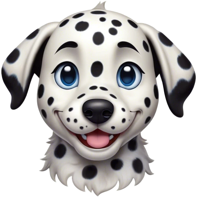Cinematic Comical Spotted Dalmatian Portrait Emoji, Head tilted dramatically with an exaggeratedly shocked or amused expression, featuring a striking Fur of predominantly white with vivid black patches, wide, expressive blue eyes filled with playful disbelief, Simplified yet hilariously expressive features, highly detailed, glowing with a slightly sassy glow, high shine, dramatic yet playful, stylized with an air of cheeky charm, bright and endearing, soft glowing outline, capturing the essence of a spirited and over-the-top guardian, so meme-worthy it feels like it could side-eye its way into internet fame instantly! emoji