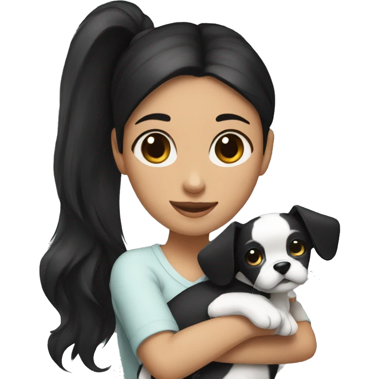dark black hair girl cuddling a black and white dog with a high ponytail emoji