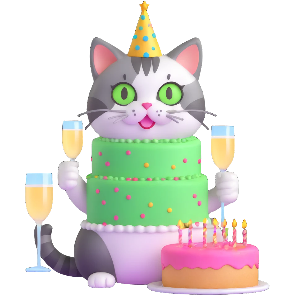 tricolor fluffy cat with big green eyes celebrating her birthday with a cake and champagne emoji