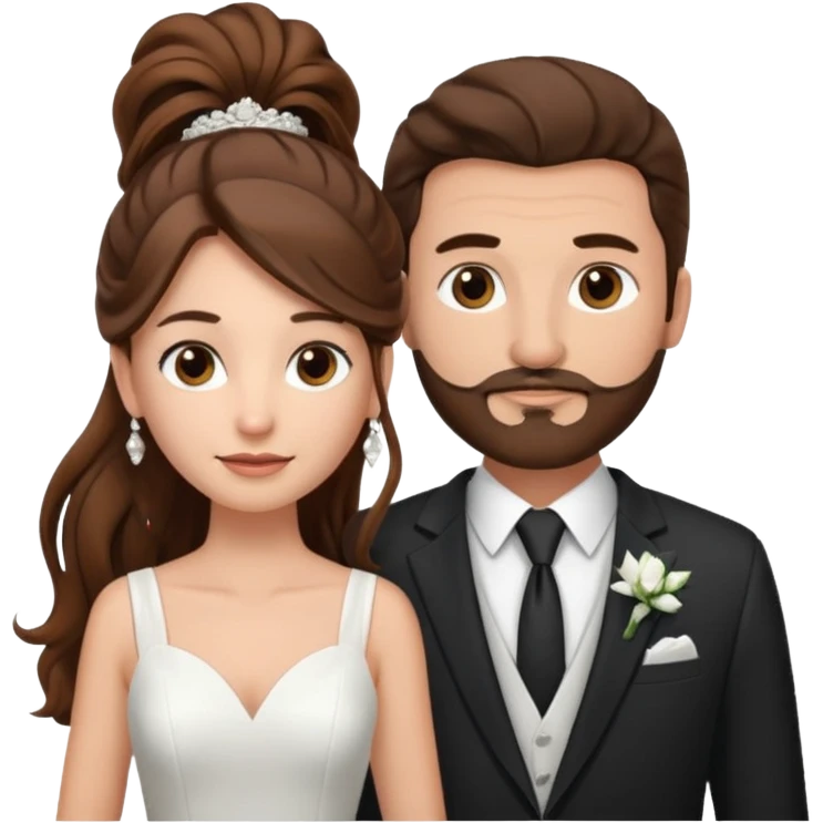 wedding couple woman with long straight brown hair and eyes man with long brown curly hair in pony tail and facial hair emoji