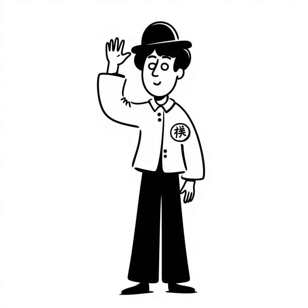 Charlie Chaplin, facing front, right arm extended 45 degrees up, hand straight, palm facing down, manji symbol badge on his left arm emoji