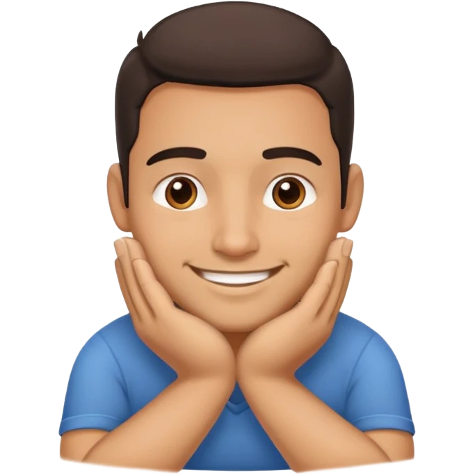 Large Hispanic male smiling with face resting on hands emoji