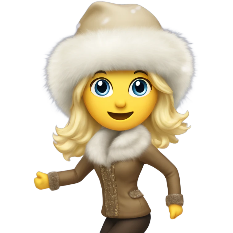 blonde lady in a fur hat dancing in the snow full body fur boots emoji