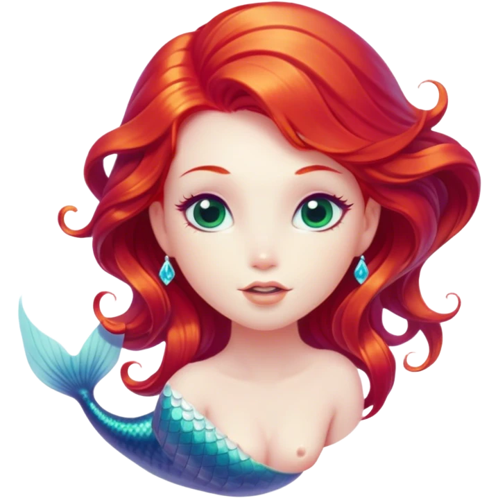 Cinematic Realistic Red Hair Mermaid Portrait, head tilted playfully and inquisitively, showcasing an ethereal form with finely detailed, flowing red hair against luminous porcelain skin. Her bright, curious eyes sparkle like hidden gems beneath the gentle caress of underwater light, rendered with lifelike clarity and warm, filtered illumination—capturing the essence of a spirited mermaid ready to splash playfully into your imagination. emoji