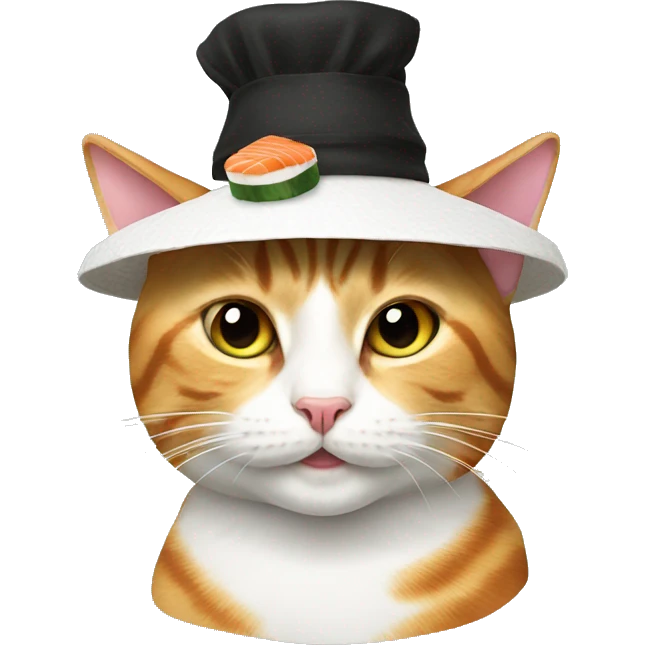 Cat wearing a hat made out of sushi emoji