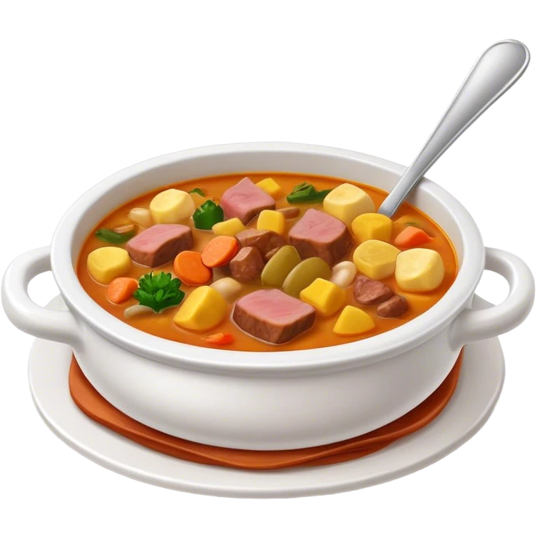 Cinematic Realistic Sancocho Soup Dish Emoji, featuring a rich, hearty stew with diverse meats and vegetables rendered with lifelike detail and warm, comforting lighting. emoji
