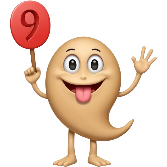A school that has the number 9 on top of it's eyes holding a sign with the number 9 on the sign with a mouth sticking out his tongue with legs and arms with him being happy full of joy emoji