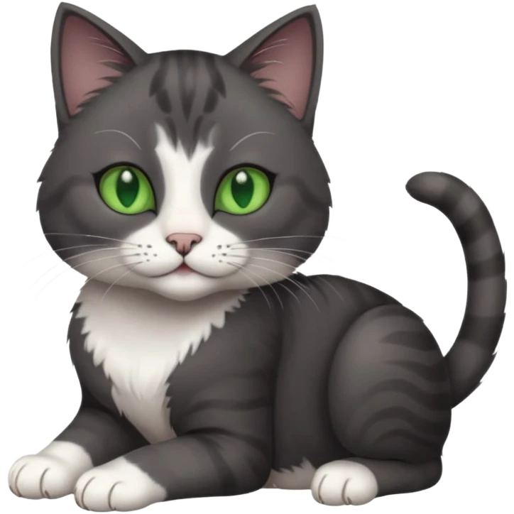 beautiful female solid dark grey cat with green eyes, white toes/paws and white patch on her chest rolling over emoji