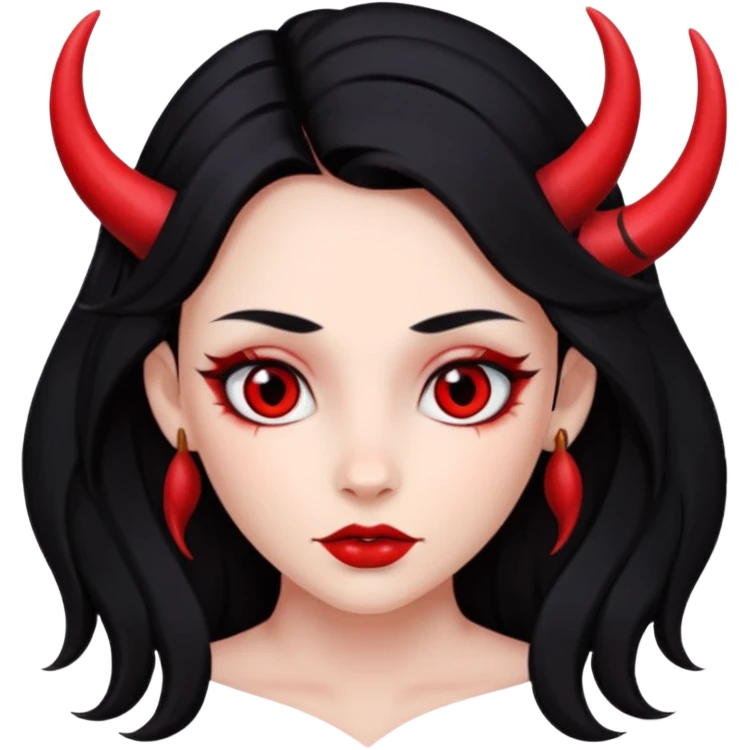 лицо девушки с скулами, с полностью красной кожей, длинные черные волосы, небольшие красные рожки и красные глаза emoji